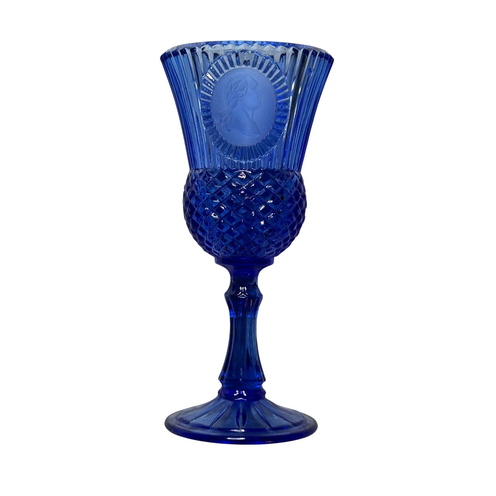 Vintage Cobalt Blue Fostoria Glass Thistle Goblet Frosted Cameo Medallion 8.5"